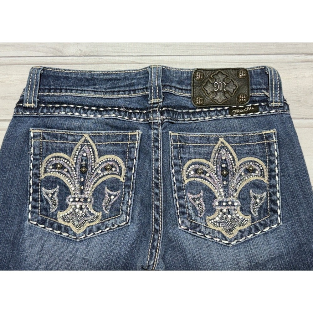 Miss Me Jeans 26 Blue Bootcut Studded Bling Fleur De Lis Denim Pants JE5073-2R